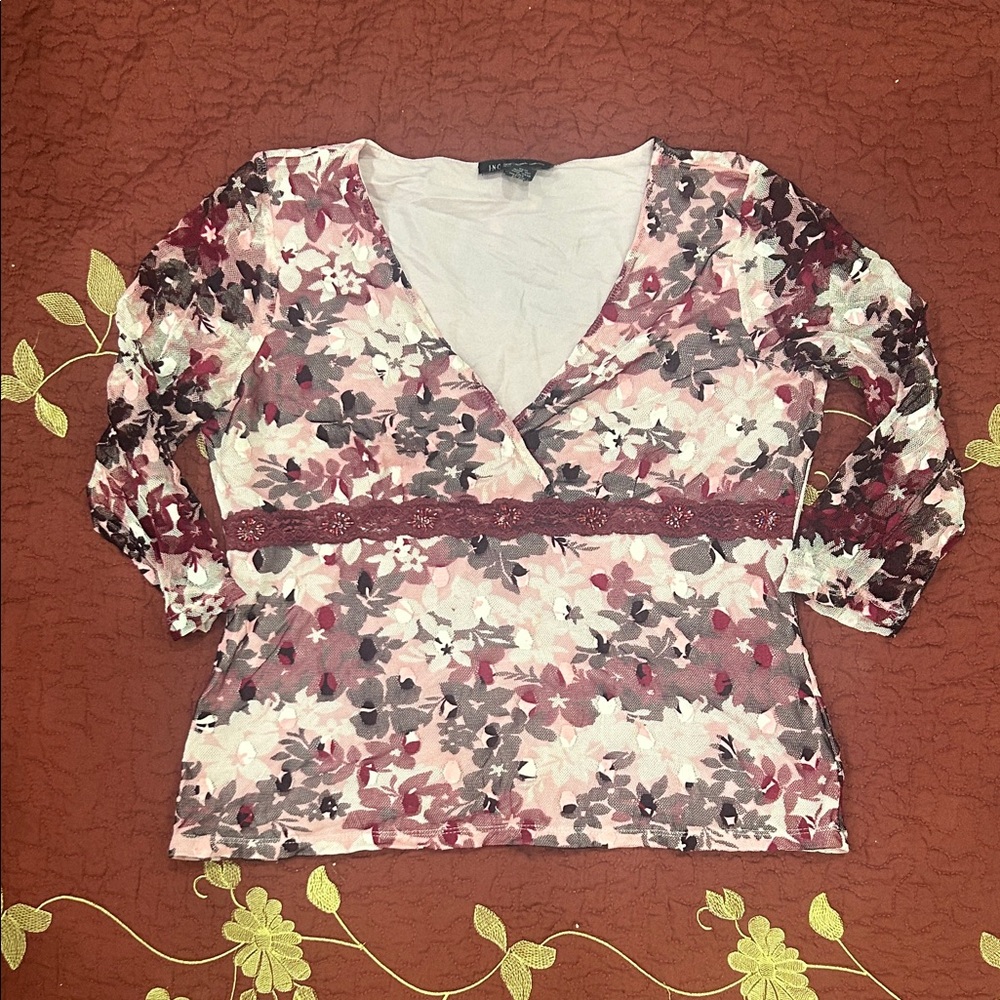 INC International Concepts Floral V-Neck Blouse - Pink and White